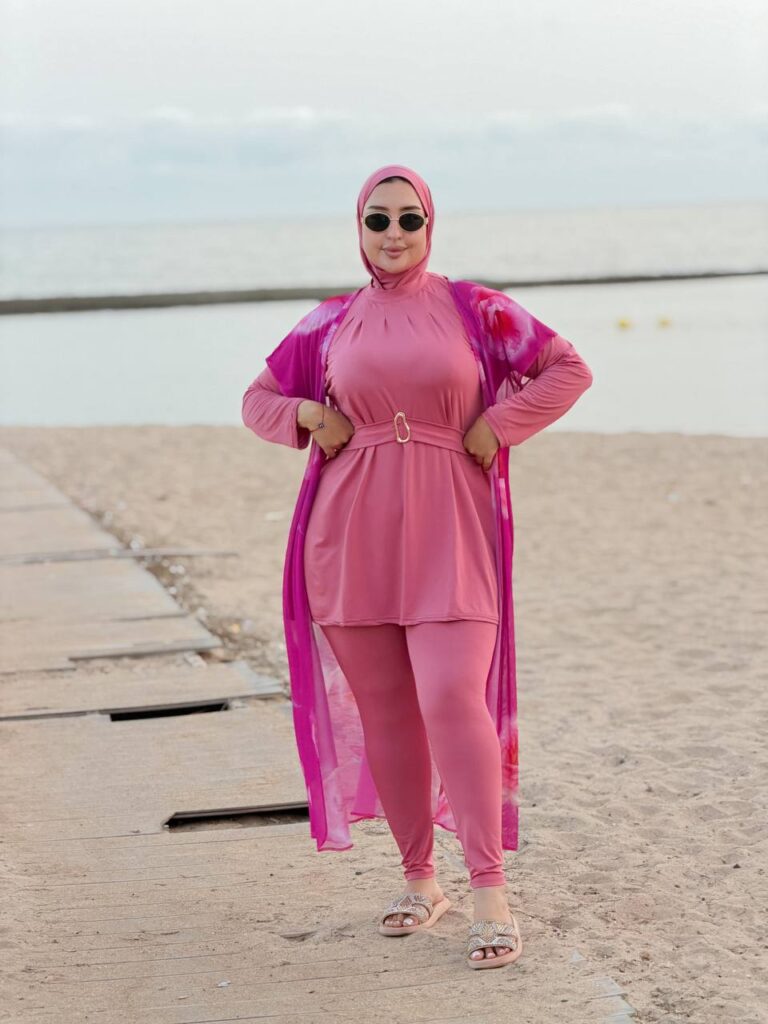 بوركيني طويل محتشم 4 قطع باللون الوردي – Dar L’Amira
