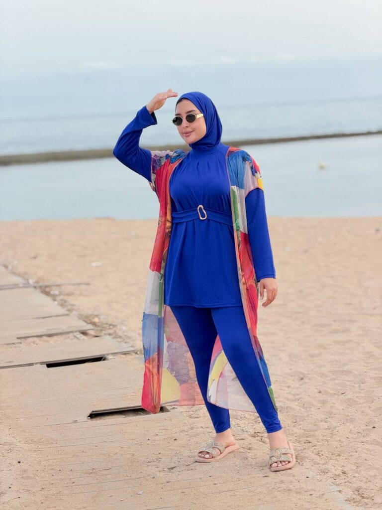 بوركيني طويل محتشم 4 قطع باللون الأزرق الملكي – صورة إضافية
