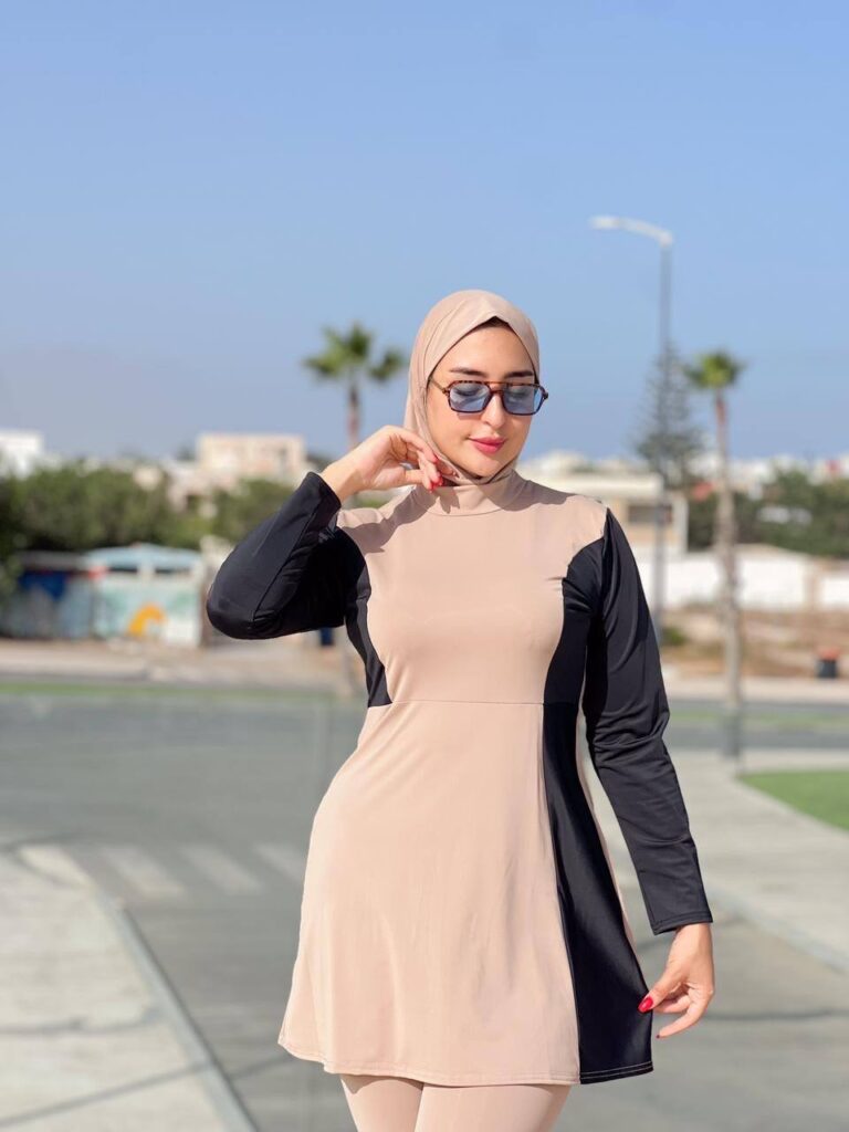 بوركيني طويل محتشم 3 قطع باللون البيج – Dar L’Amira