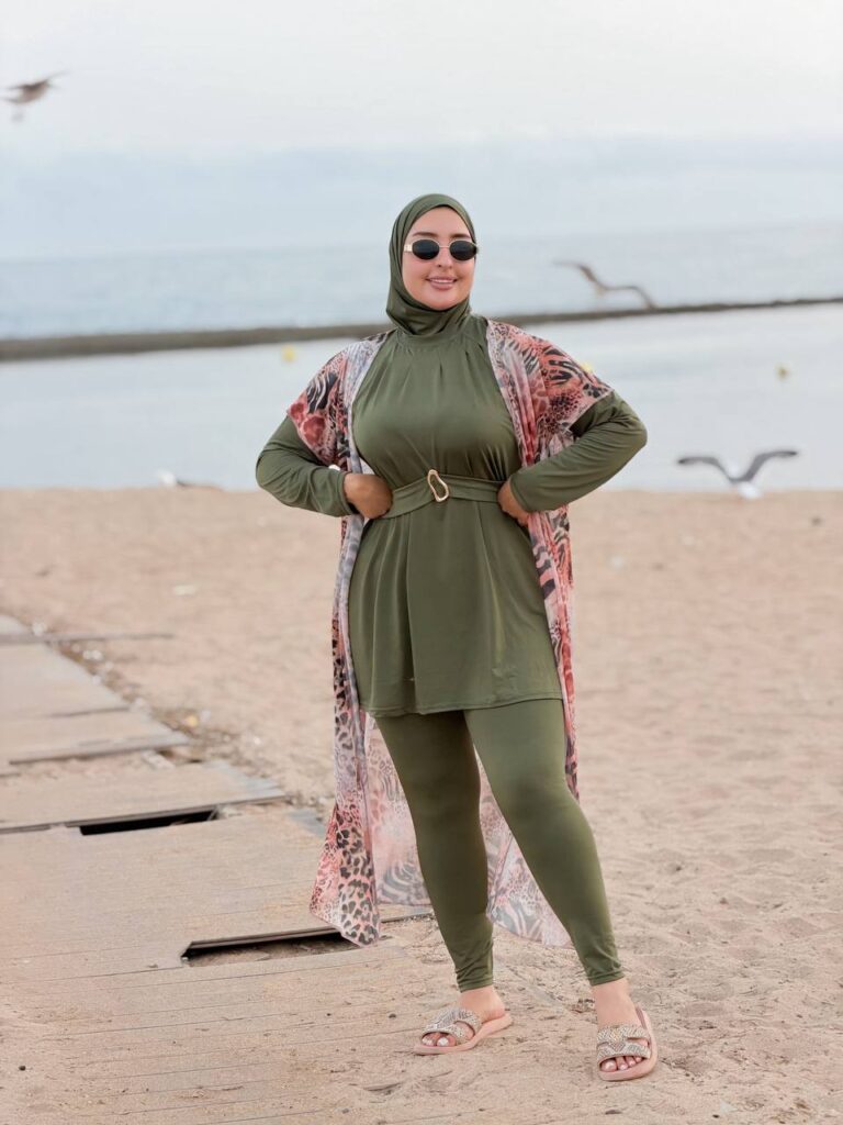 بوركيني طويل محتشم 4 قطع باللون الزيتي – صورة إضافية